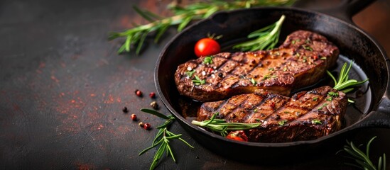 Poster - Cooking steak on a cast iron pan set against a background with ample copy space image