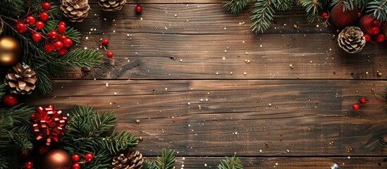 Poster - A Christmas decor viewed from above on a wooden backdrop perfect for a copy space image