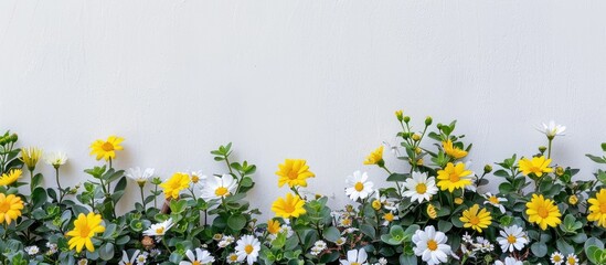 Poster - A close up image of yellow and white flowers in a flowerbed set against a white wall with ample copy space for adding text