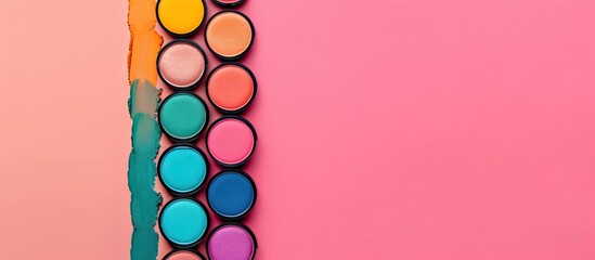 Poster - Colorful makeup shades displayed on a pink table in a top view flat lay setup with available copy space image
