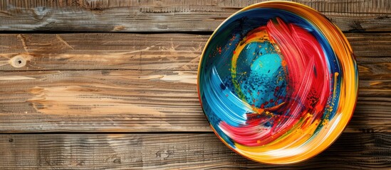 Leinwandbilder - View from above of a colorful plate on wood backdrop with copy space image for design