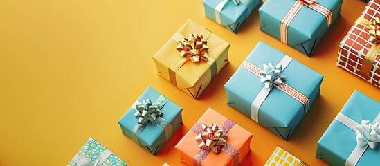 Fototapete - Background of colorful gift boxes with ample copy space image available