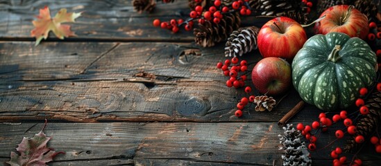 Aufkleber - An autumn themed table decoration featuring snowberries rowan berries a green pumpkin apples and cones arranged on a rustic wooden surface with space for additional images