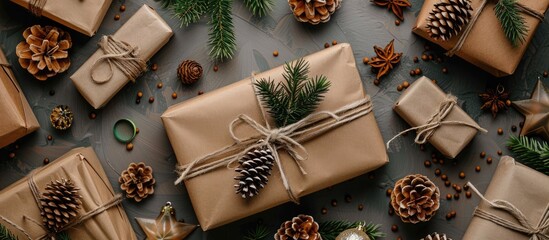 Aufkleber - Brown wrapping paper adorned with Christmas gifts wooden decorations and cones offering ample copy space for text or designs in a top view flat lay image