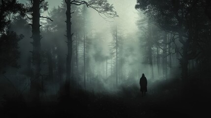 Sticker - A lone figure walks through an eerie, fog-filled forest with towering trees.