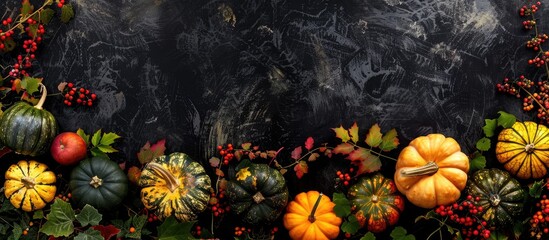 Fototapete - Autumn display of colorful pumpkins and leaves against a black backdrop with space for text in the image. Creative banner. Copyspace image