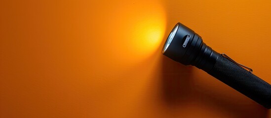 Canvas Print - A black flashlight on an orange background with light shining on the way leaving room for text or images. Creative banner. Copyspace image