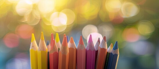 Aufkleber - Blurred background with vivid colored pencils in focus allowing for copy space image
