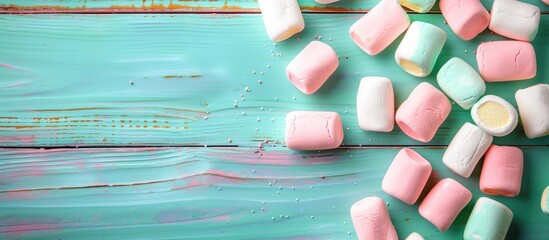Aufkleber - Colorful wooden background with sweet marshmallows and copy space image