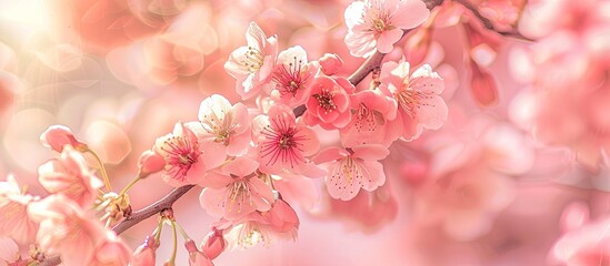 Canvas Print - Close up photo of blooming pink Sakura flowers on cherry tree branches with copy space image Perfect for prints decor wallpaper and posters in spring