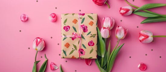 Poster - A bouquet of tulips and a gift box in flower patterned wrapping on a pink background with copy space image