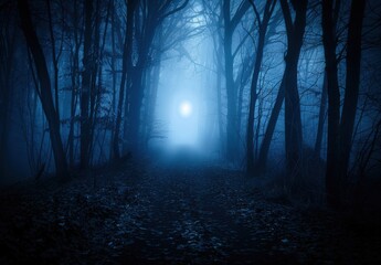 Sticker - A foggy, dark forest path illuminated by a bright, full moon in a mystical blue atmosphere.