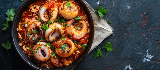 Poster - Copy space image of calamari filled with rice in a savory tomato sauce