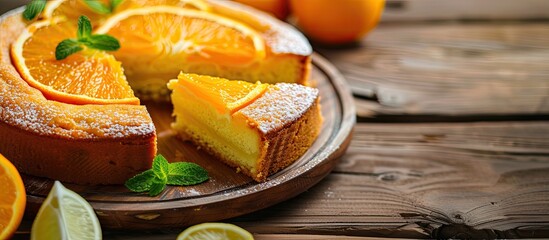 Poster - Citrus cake slices displayed deliciously on a wooden table with copy space image