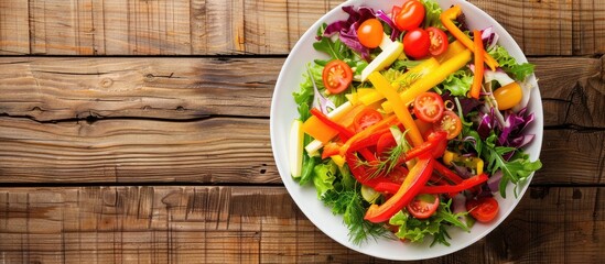 Poster - Colorful vegetables in a white bowl on a wooden table a healthy and appetizing ready to eat meal top view with copy space image containing carrots tomatoes salad and peppers
