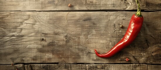 Poster - Close up of a fresh red chili on a vintage wooden surface with blank copy space image