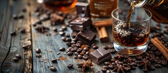 Canvas Print - Coffee liqueur is being poured from a bottle into a glass over a rustic tabletop scattered with coffee beans cinnamon anise and chunks of dark chocolate creating a cozy scene with copy space image