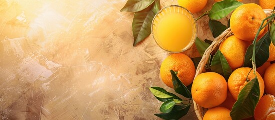 Aufkleber - Top down view of a basket containing oranges with leaves accompanied by a glass of orange juice set on a bright background with ample copy space image