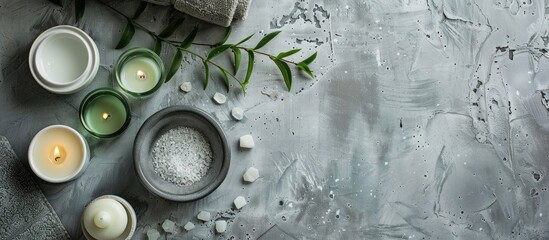 Poster - Flat lay composition of a spa set massage product for aromatherapy on a concrete background with copy space image