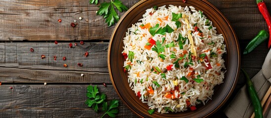 Aufkleber - Close up top view of a plate on a wooden table displaying delicious fried rice adorned with vegetables parsley and chili creating a rustic Indian and Asian cuisine copy space image