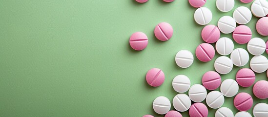 Aufkleber - Bulk white and pink tablets on a green background with copy space image