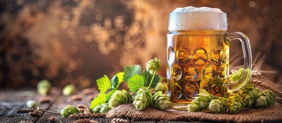 Poster - A beer mug displayed on a table with wheat and green hops creating a rustic ambiance in a copy space image