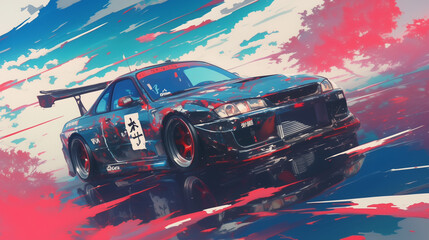 Poster art in abstract anime style showcasing a Japanese tuning car.