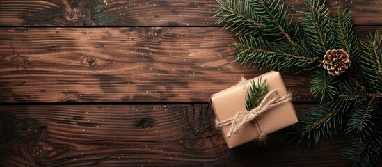 Aufkleber - A Christmas present box sits beside a fir tree branch on a wooden table seen from above with room for text or an image in the scene. Creative banner. Copyspace image