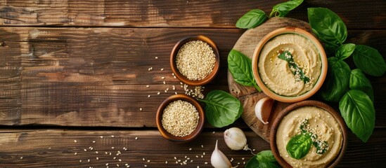 Aufkleber - Colorful wooden background supporting bowls filled with appetizing tahini sesame seeds garlic and spinach in a copy space image