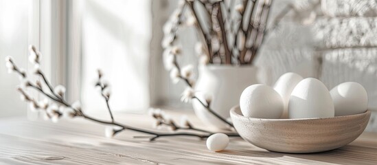 Poster - Bright wooden table decorated with white wooden Easter eggs willow catkin and with space for an image. Creative banner. Copyspace image