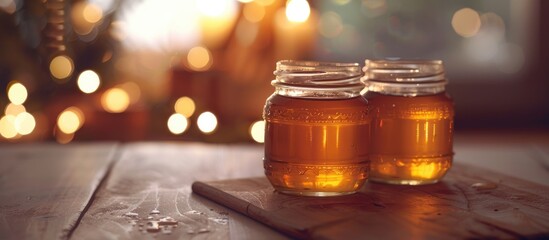 Poster - Blurry lights create a soft backdrop for glass jars filled with delicious honey on a table offering a perfect copy space image