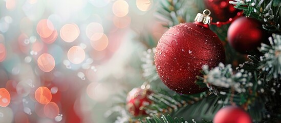Poster - Close up view of red Christmas ball and toys arranged on a Christmas tree with a blurred background creating a festive copy space image