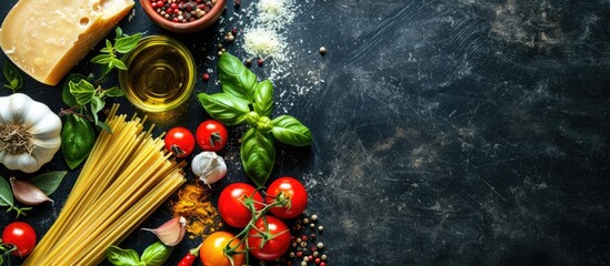 Poster - Top down view of ingredients for classic Italian cuisine including spaghetti tomato basil garlic cheese olive oil on a black table with a copy space image available