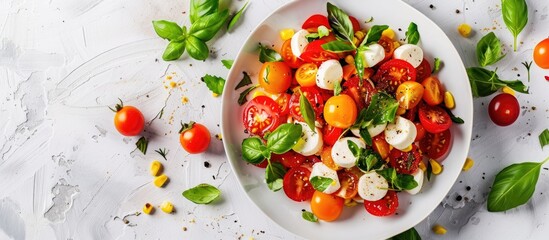 Poster - Delicious Italian caprese salad made with ripe tomatoes mozzarella basil and corn salad on a white background with copy space image ideal for a healthy and tasty dinner Top view