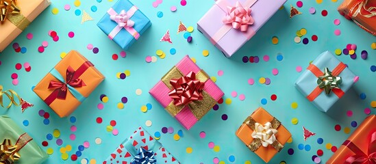 Fototapete - Top view of a colorful flat lay with various gift boxes wrapped in bright paper and adorned with confetti set on a vibrant background depicting Christmas Birthday Valentine and sale themes copy space