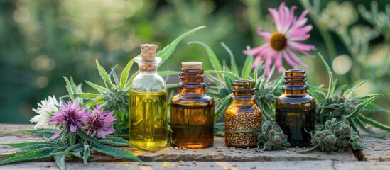 Poster - CBD oil hemp oil bottles and flowers displayed on a wooden table create a medical cannabis concept with available copy space image for text or graphics