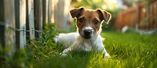 Poster - A charming Jack Russell terrier puppy rests on a lush green lawn beside a fence in a home s yard perfect as a horizontal banner copy space image