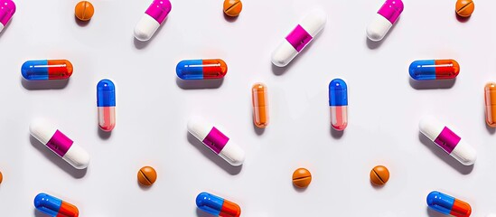 Canvas Print - Colorful antibiotic capsules arranged neatly against a white backdrop providing ample copy space for text epitomizing the Pharmaceutical Wallpaper concept