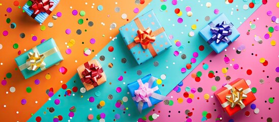 Fototapete - Top view of a colorful flat lay with various gift boxes wrapped in bright paper and adorned with confetti set on a vibrant background depicting Christmas Birthday Valentine and sale themes copy space