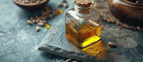 Poster - Closeup of a glass bottle with jojoba oil and seeds on a grey stone table providing copy space for text