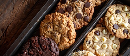 Poster - Assorted cookies including chocolate chip oatmeal raisin and white chocolate on a tray with copy space image