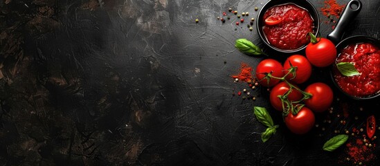 Poster - Black background texture with tomato sauce creates an alluring copy space image