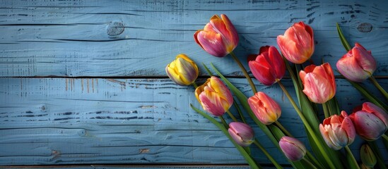 Poster - Blue wooden background makes a stunning backdrop for the beautiful tulips leaving ample copy space image