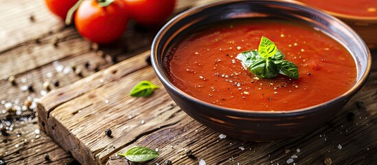Aufkleber - Close up of tomato soup on a wooden surface with copy space image