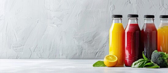 Poster - Detox program featuring smoothies made with fruit and vegetable juices served in plastic bottles and glass with copy space image