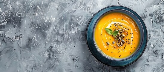 Wall Mural - A blue bowl containing butternut cream soup garnished with seeds presented in a top view on a grey stone background with copy space image