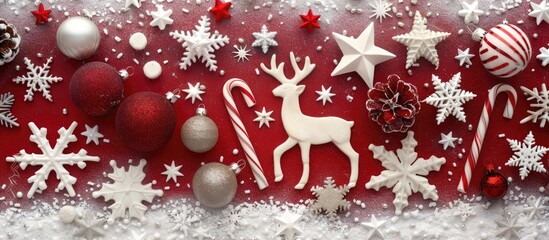 Fototapete - Christmas card featuring stars baubles reindeer and sugar canes against a festive red and white background with copy space image