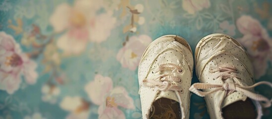 Poster - Baby shoes on a unique backdrop designed for adding your text in the available space image. Creative banner. Copyspace image