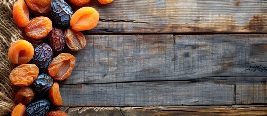 Aufkleber - Top view of date fruits and dried apricots arranged on a rustic wooden table with copy space image