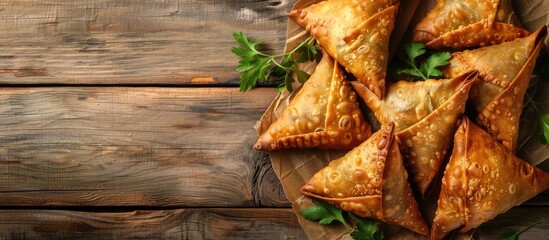 Aufkleber - Top view of delicious Samsa samosas filled with chicken fillet and cheese set on a wooden surface creating a visually appealing copy space image